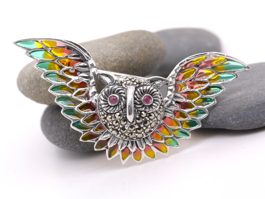 Handmade 925 Sterling Silver Plique-à-jour Enamelled Ruby Marcasite Brooch Owl in Flight BR5