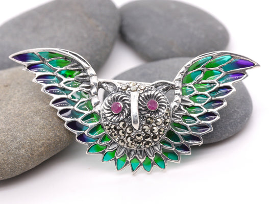 Handmade 925 Sterling Silver Plique-à-jour Enamelled Ruby Marcasite Brooch Owl in Flight BR17