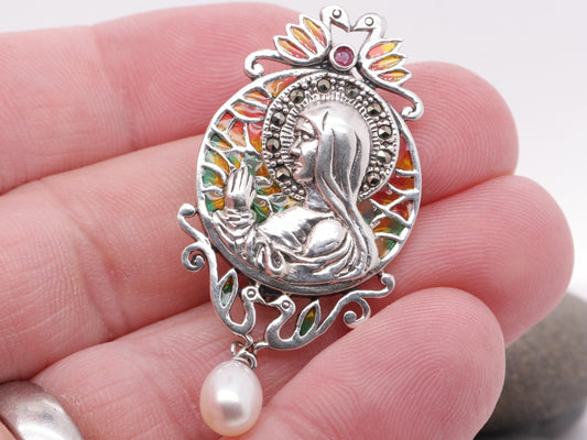 925 Sterling Silver Plique-à-jour Enamelled Ruby Pearl Marcasite Holy Mary Brooch BR66