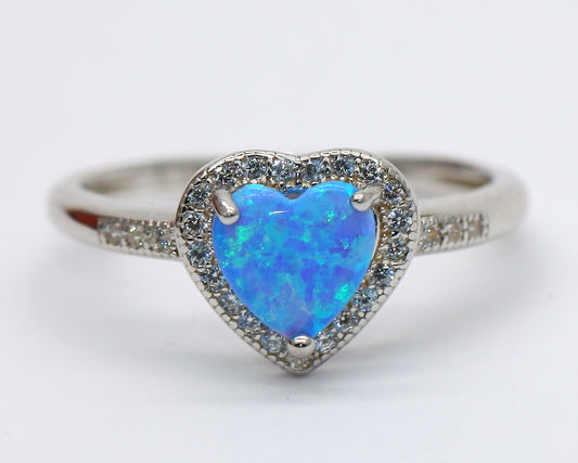 BJC® Sterling Silver Fiery Blue Opal & Cubic Zirconia Love Heart CZ Ring Size L