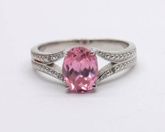 INCREDIBLE Sterling Silver 925 Oval Pink Topaz & Diamond Solitaire Engagement Accented Ring Size O