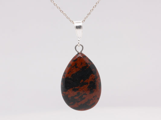 BJC® Sterling Silver Natural Mahogany Obsidian Teardrop Pear Drop Pendant & Necklace