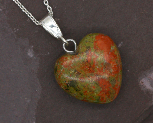 Sterling Silver Natural Unakite Jasper 16mm Love Heart Pendant & Necklace