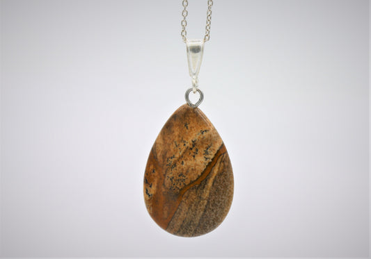 BJC® Sterling Silver Natural Picture Jasper Teardrop Pear Drop Pendant & Necklace