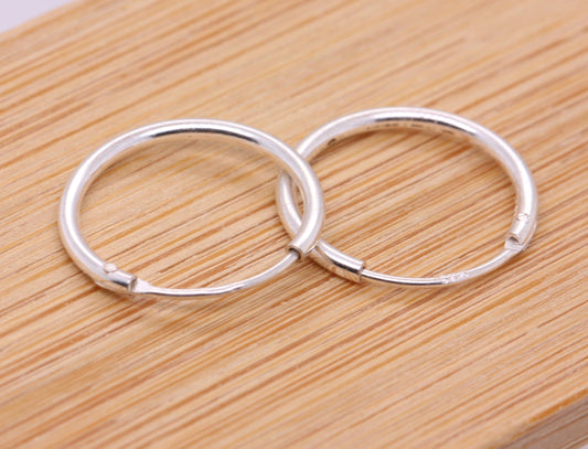 Small Loop Sterling Silver Hollow Sleeper Hoop Earrings Polished British UK 14mm