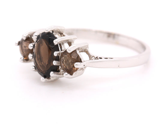 9ct White Gold Smokey Quartz Trilogy 3 Stone Size P Dress Cluster Ring R180