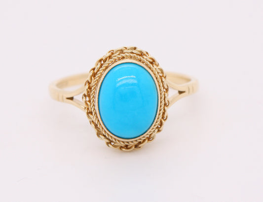 9ct Yellow Gold Turquoise Solitaire Rope Edge Vintage Style Ring Size O R166