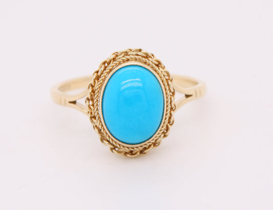 9ct Yellow Gold Turquoise Solitaire Rope Edge Vintage Style Ring Size O R166