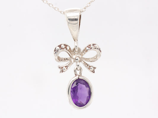 Sterling Silver Amethyst 1ct Oval Ribbon Bow Drop Pendant & Silver Necklace