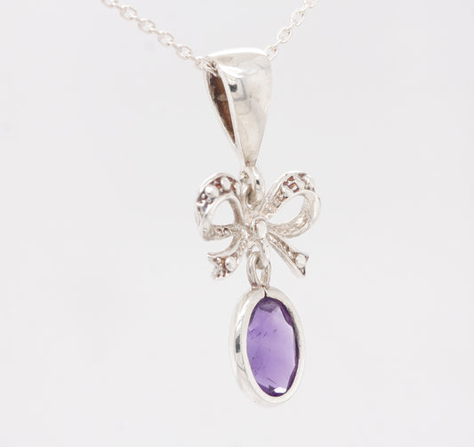 Sterling Silver Amethyst 1ct Oval Ribbon Bow Drop Pendant & Silver Necklace