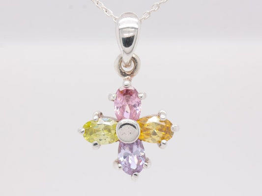 Sterling Silver Natural Gemstone Cubic Zirconia Daisy Pendant & Sterling Silver Necklace