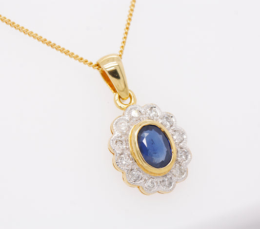 BJC® 18ct Yellow Gold Natural Sapphire & Diamond Cluster Pendant & Necklace P31