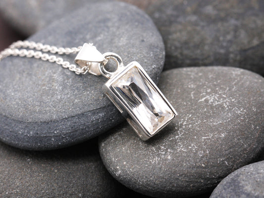 Sterling Silver Cubic Zirconia Emerald Cut Elegance Pendant with Optional Silver Necklace