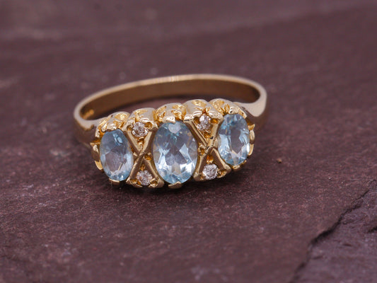 9ct Yellow Gold Blue Topaz & Diamond Gypsy Ring Size L British Made