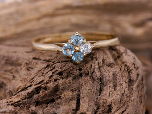 9ct Yellow Gold 4 Stone Blue Topaz Flower Ring Size O British Made
