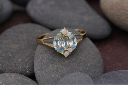 9ct Yellow Gold Natural Blue Topaz & Opal Cluster Ring Size O British Made