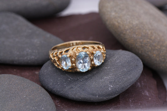 BJC® 9ct Yellow Gold Blue Topaz 3 Stone Gypsy Ring Size N