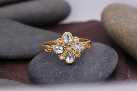 9ct Yellow Gold Blue Topaz & Diamond Art Deco Ring Size O British Made