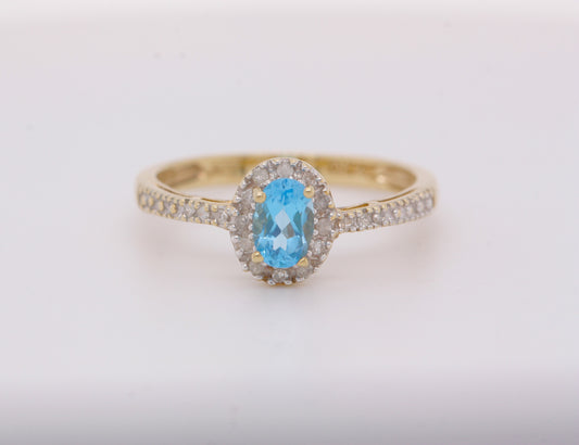 9ct Yellow Gold Blue Topaz & Diamond Cluster Ring Size O British Made
