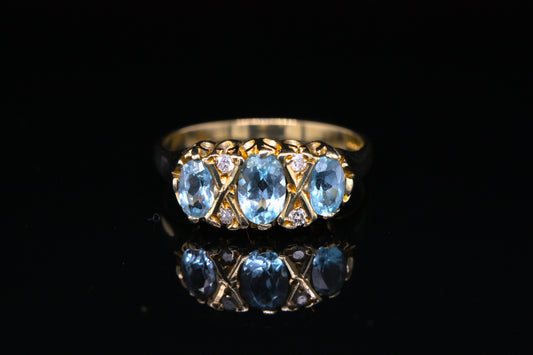 9ct Yellow Gold Blue Topaz & Diamond Gypsy Ring Size L British Made
