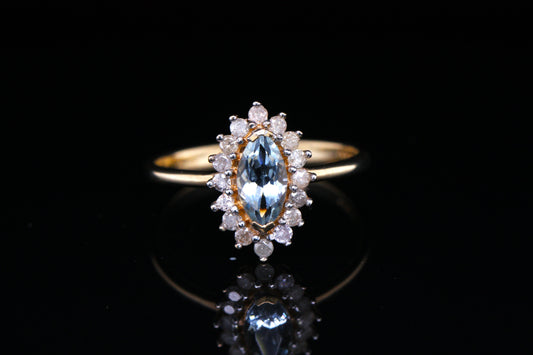 BJC® 9ct Yellow Gold Blue Topaz & Diamond Marquise Cluster Ring Size N