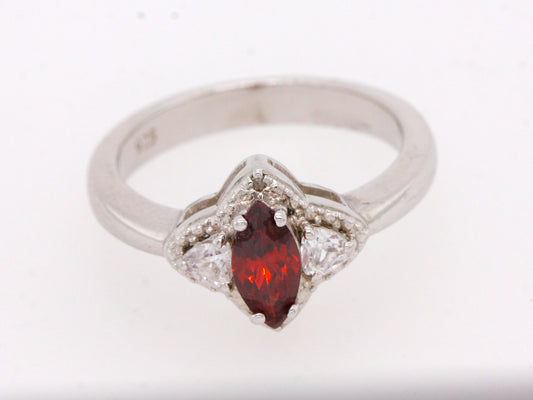 Sterling Silver 925 Garnet & CZ Marquise and Trillion Trilogy Ring Size M