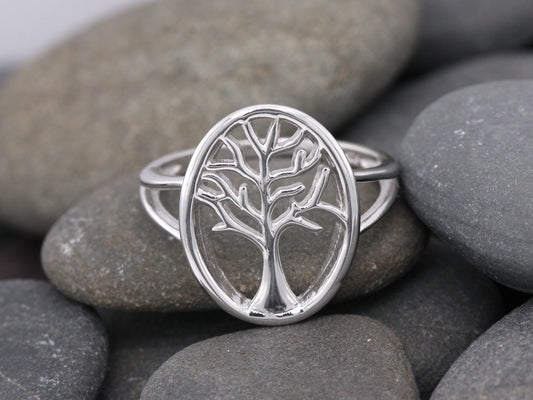 Solid Sterling Silver Tree Of Life Oval Design Ring With Gift Box Size K & L