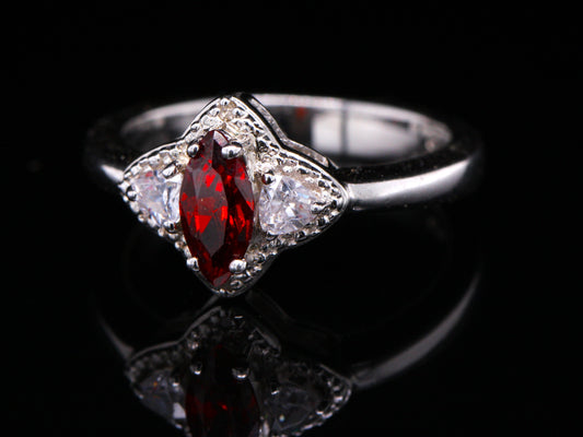 Sterling Silver 925 Garnet & CZ Marquise and Trillion Trilogy Ring Size M