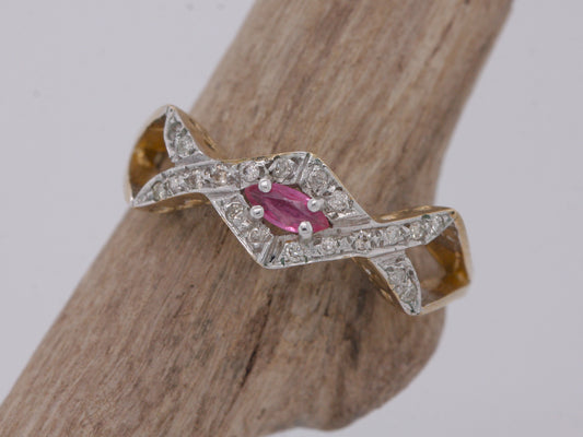 BJC® 9ct Yellow Gold Ruby & Diamond Crossover Size O Engagement Dress Ring R10