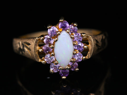 BJC® 9ct Yellow Gold Amethyst & Opal Marquise Vintage Cluster Dress Ring R276
