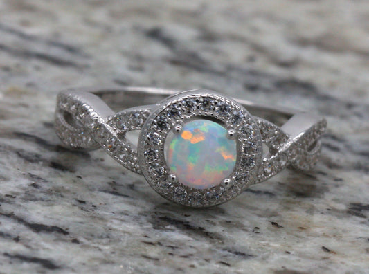 BJC® Sterling Silver Fiery White Opal & Cubic Zirconia Round Solitaire CZ Ring Size P