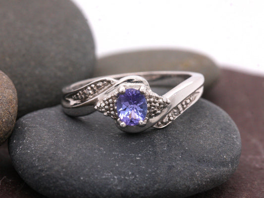 Sterling Silver 925 Tanzanite & Diamond Oval Cluster Dress Ring Size L & M