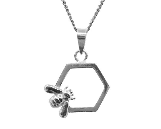 Sterling Silver Honey Bee Honeycomb Pendant & Silver Necklace