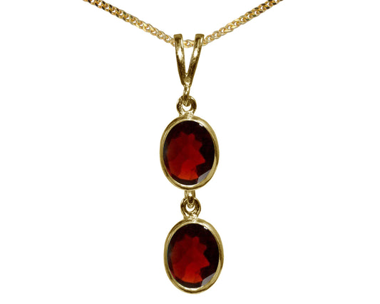 Natural Almandine Garnet Double Drop Oval Pendant & Necklace Available in White / Yellow / Rose Gold