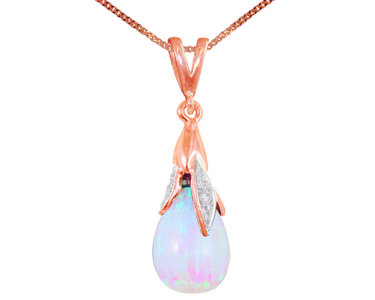 BJC® 9ct Rose Gold White Opal & Diamond Briolette Drop Pendant / Necklace