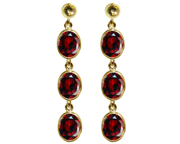 BJC® 9ct Yellow Gold Natural Garnet Oval Triple Drop Dangling Studs Earrings