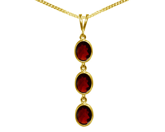 Natural Garnet Triple Drop Oval Pendant & Necklace Available in White / Yellow / Rose Gold