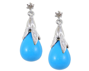 BJC® 9ct White Gold Turquoise & Diamond Briolette Drop Dangling Stud Earrings