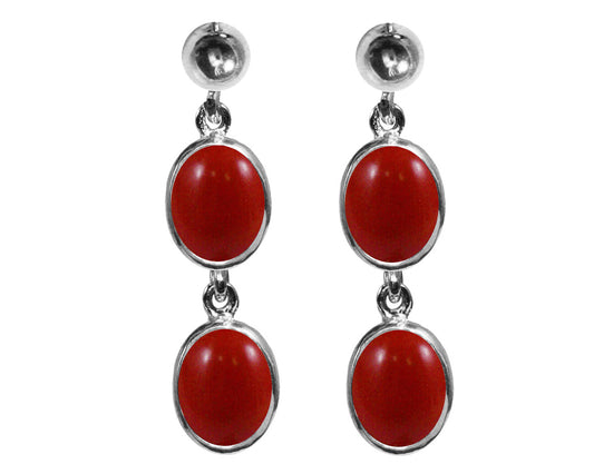 BJC® Sterling Silver Natural Red Coral Oval Double Drop Dangling Studs Earrings