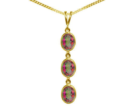 Natural Mystic Topaz Triple Drop Oval Pendant & Necklace Available in White / Yellow / Rose Gold