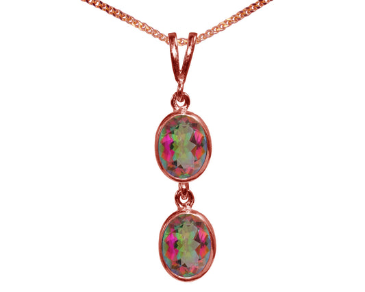 Natural Mystic Topaz Double Drop Oval Pendant & Necklace Available in White / Yellow / Rose Gold