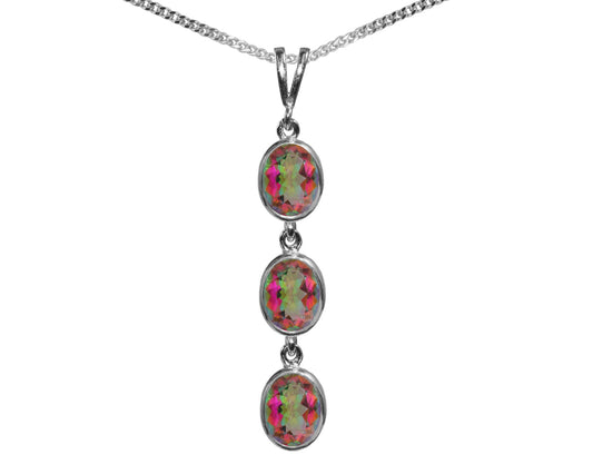 Natural Mystic Topaz Triple Drop Oval Pendant & Necklace Available in White / Yellow / Rose Gold