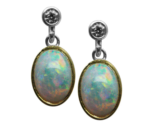 18ct Yellow & White Gold Fiery Opal & Diamond Drop Dangle Earrings
