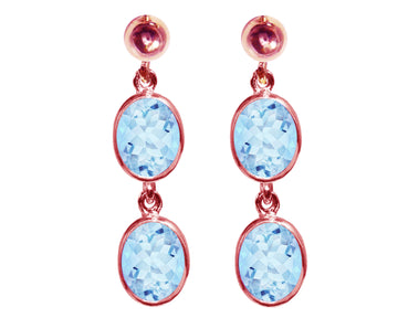 BJC® 9ct Rose Gold Natural Blue Topaz Oval Double Drop Dangling Studs Earrings