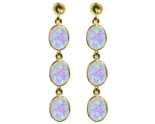 BJC® 9ct Yellow Gold Fiery White Opal Oval Triple Drop Dangling Studs Earrings