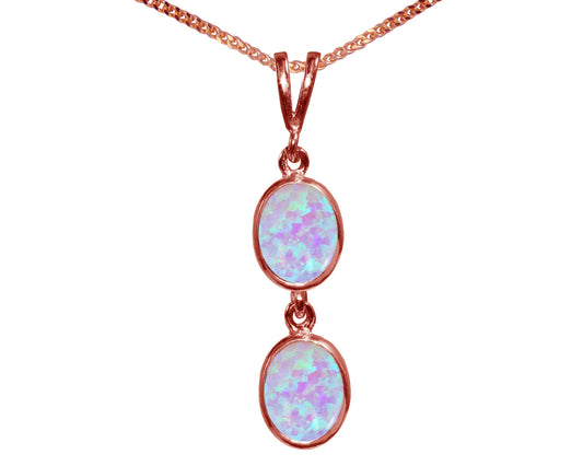 Fiery Cultured Opal Double Drop Oval Pendant & Necklace Available in White / Yellow / Rose Gold