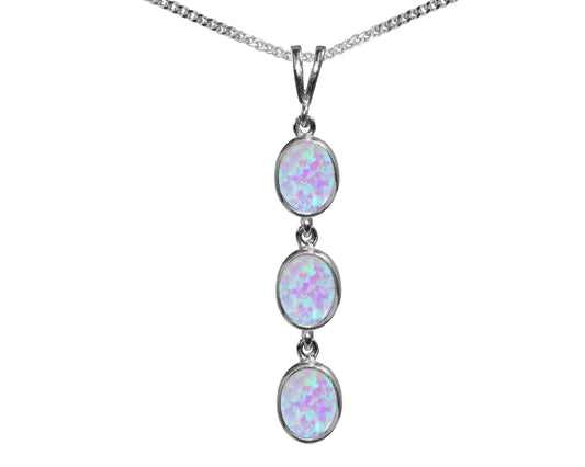 Fiery Cultured Opal Triple Drop Oval Pendant & Necklace Available in White / Yellow / Rose Gold