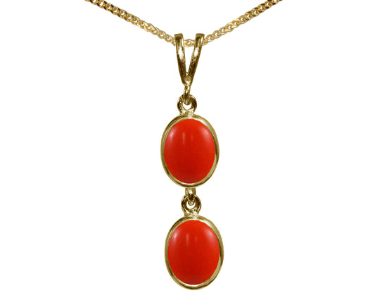 Natural Peach Coral Double Drop Oval Pendant & Necklace Available in White / Yellow / Rose Gold