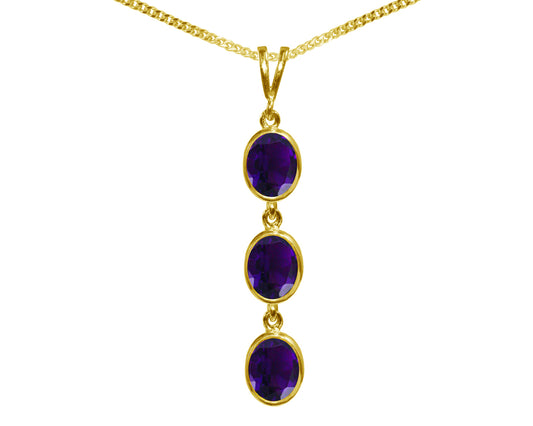 Natural Amethyst Triple Drop Oval Pendant & Necklace Available in White / Yellow / Rose Gold
