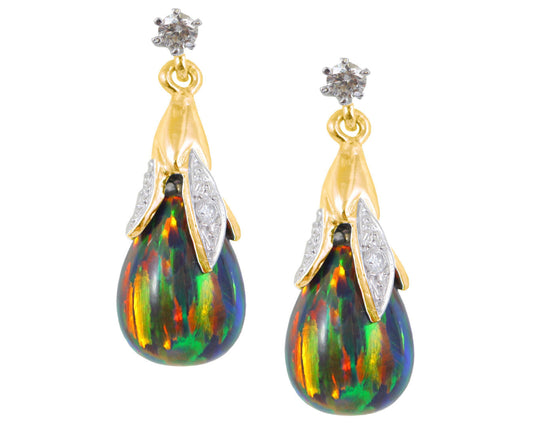 BJC® 9ct Yellow Gold Black Opal & Diamond Briolette Drop Dangling Stud Earrings